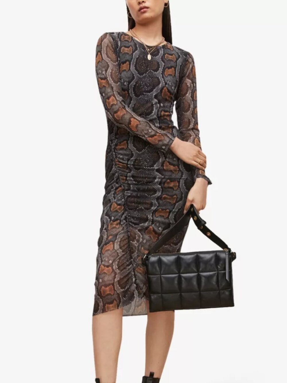 NWT ALLSAINTS NORMA LONG SLEEVE SNAKE PRINT MIDI DRESS SIZE 2 PARTY COCKTAIL